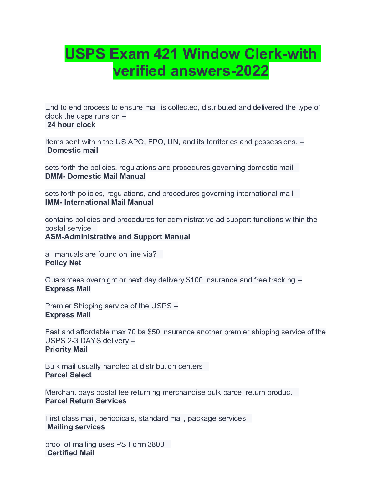 Preview of USPS Exam 421 Window Clerk-with verified answers-2022